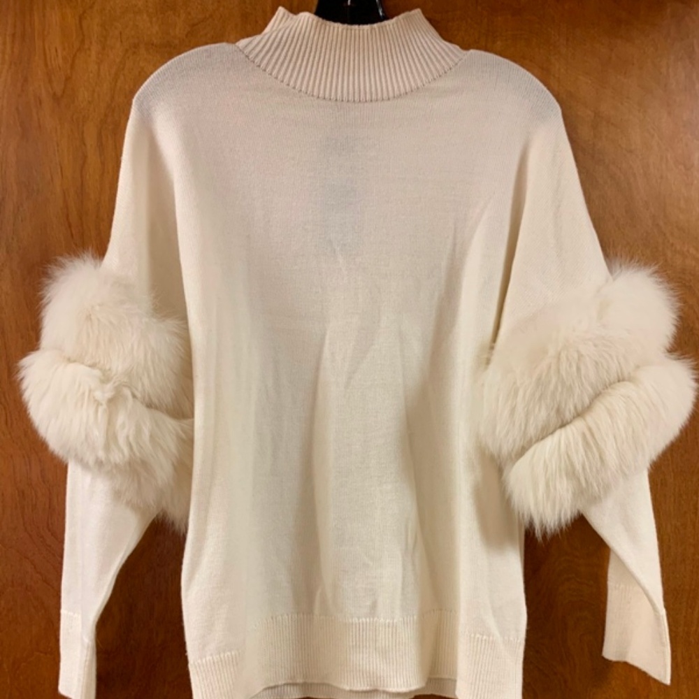 Kobi Halperin Cream Turtleneck Sweater with Fur Trim